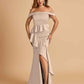 Satin Mermaid Off Shoulder Bridesmaid Dresses With Ruffles Side Slit Floor Length