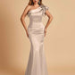 Satin One-shoulder Bridesmaid Dresses Ruffle Sleeves Mermaid Floor Length For Sale
