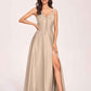 Satin V-neck A-line Prom Dresses Side slit Floor Length