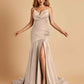 Sexy Satin Mermaid Open Back Prom Dresses Spaghetti Straps V-neck Side Slit
