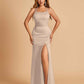 Satin Mermaid Long Bridesmaid Dresses Spaghetti Straps Scoop Side Slit Criss-cross Back