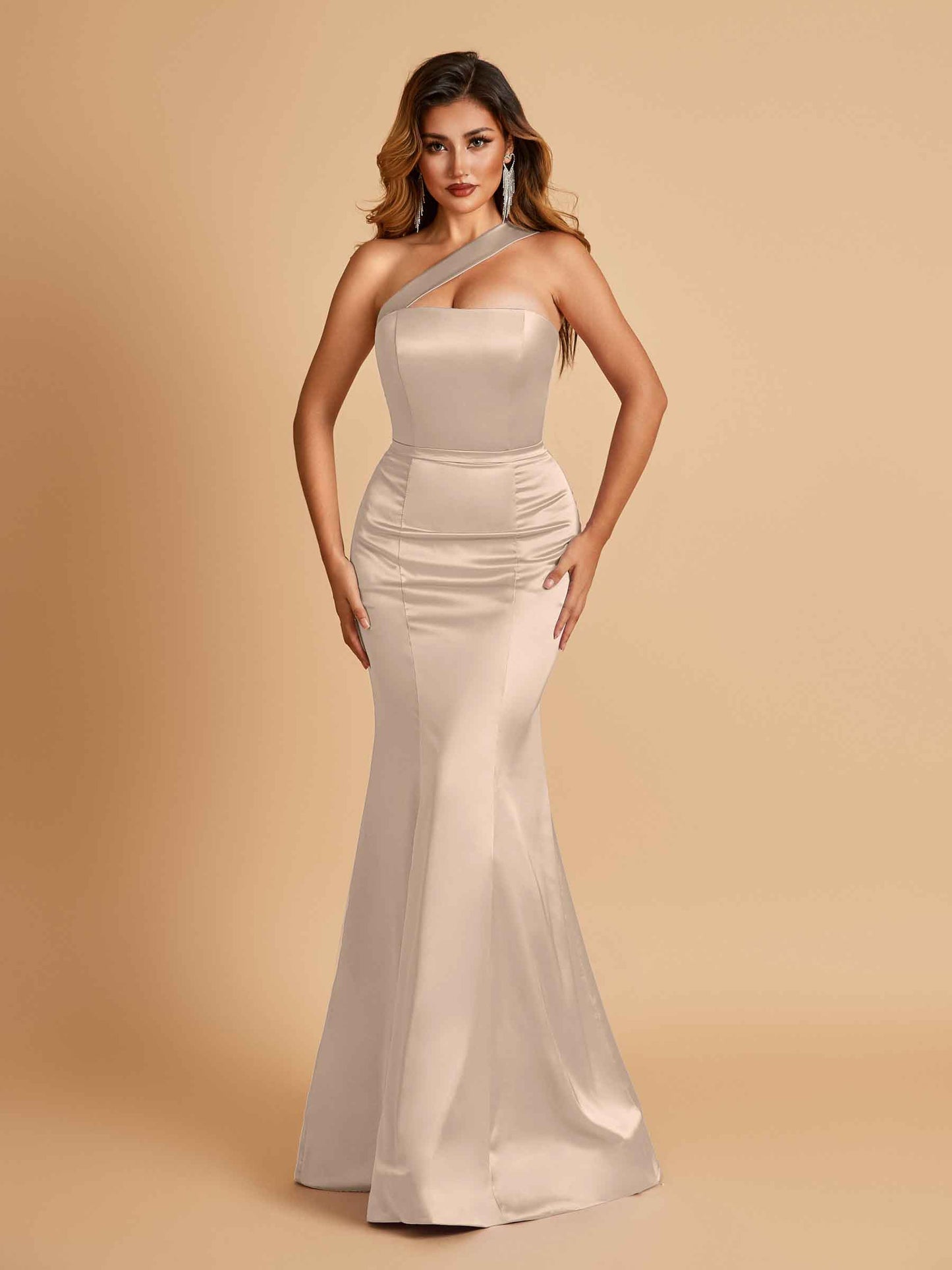 Sexy Satin Mermaid Bridesmaid Dresses One Shoulder Floor Length