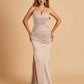 Satin Mermaid Long Prom Dresses Spaghetti Straps V-neck Side Slit Floor Length