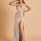 Satin Spaghetti Straps Long Prom Dresses V-neck Side Slit Criss-cross Back Sheath