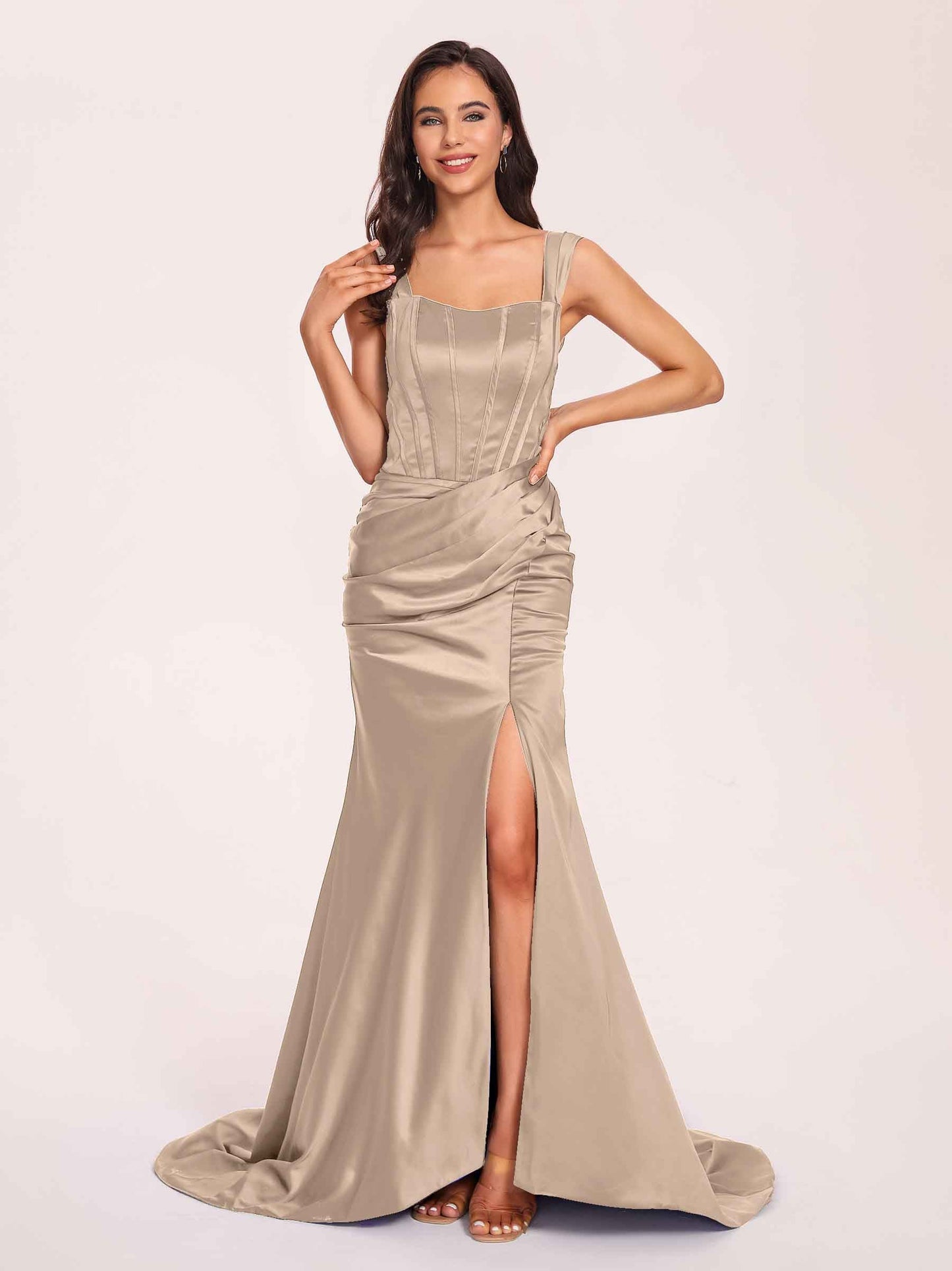 Sexy Satin Square Mermaid Prom Dresses Pleats Side-Slit Floor-Length Sleeveless