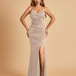 Sexy Satin Mermaid Bridesmaid Dresses Spaghetti Straps V-neck Side Slit Floor Length