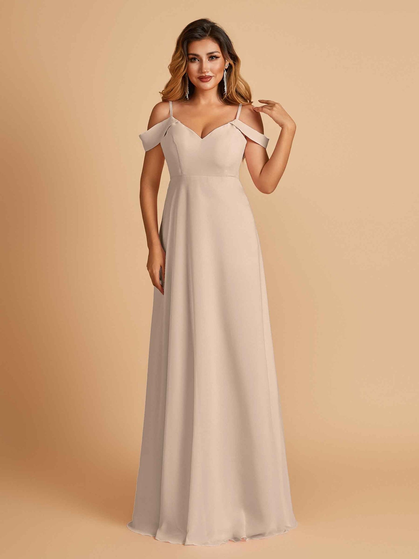 Chiffon Off-shoulder Long Bridesmaid Dresses V-neck Floor Length A-line For Sale