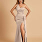 Satin One Shoulder Mermaid Bridesmaid Dresses Side Slit Floor Length