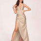Satin Spaghetti Straps Corset Prom Dresses Pleats Side-Slit Sheath Floor Length