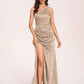Satin Halter Pleats Sheath Bridesmaid Dresses Side-Slit Floor Length Sleeveless