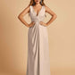 Sexy Satin Deep V-neck Long Bridesmaid Dresses A-line Pleats Sleeveless Floor Length
