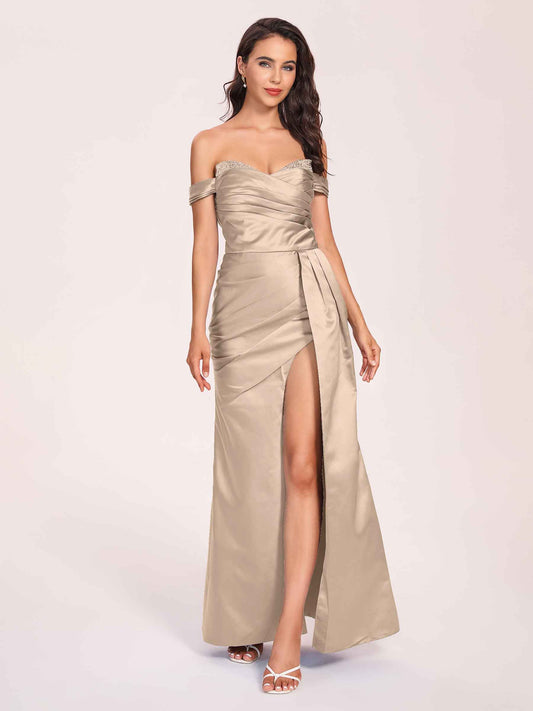 Elegant Satin Off Shoulder Bridesmaid Dresses Side-slit Sweetheart Floor Length Sheath