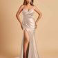 Satin Mermaid V-neck Prom Dresses Spaghetti Straps Side Slit Floor Length