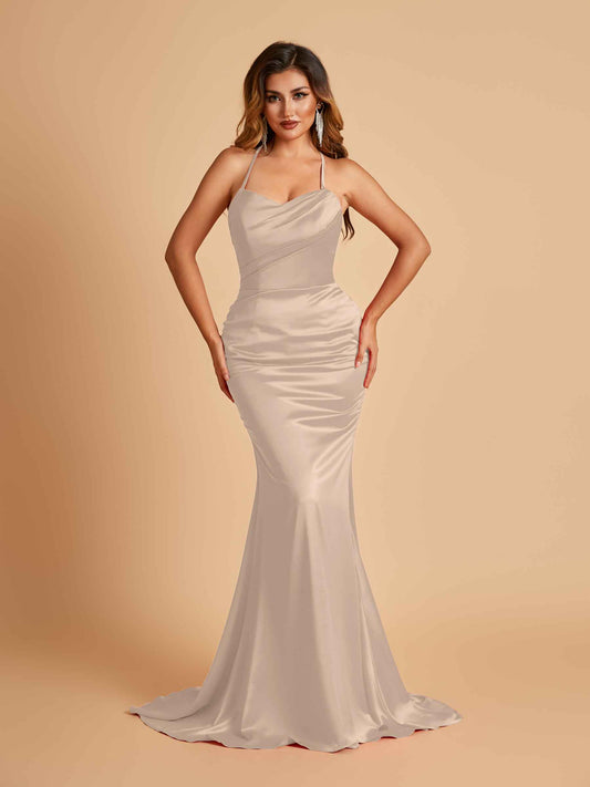 Sexy Satin Mermaid Bridesmaid Dresses Spaghetti Straps Scoop Criss-cross Back