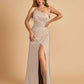Satin One Shoulder Sheath Prom Dresses Spaghetti Straps Side Slit Floor Length