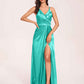 Sexy Satin A-line Bridesmaid Dresses Spaghetti Straps Side Slit V-neck Floor Length