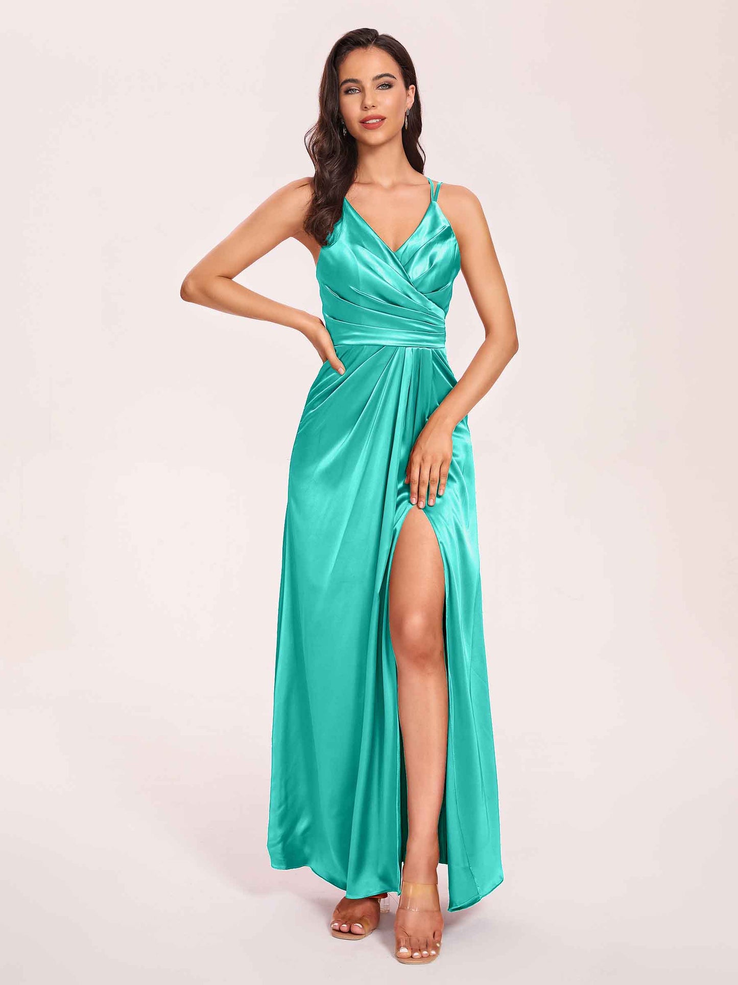 Sexy Satin A-line Bridesmaid Dresses Spaghetti Straps Side Slit V-neck Floor Length