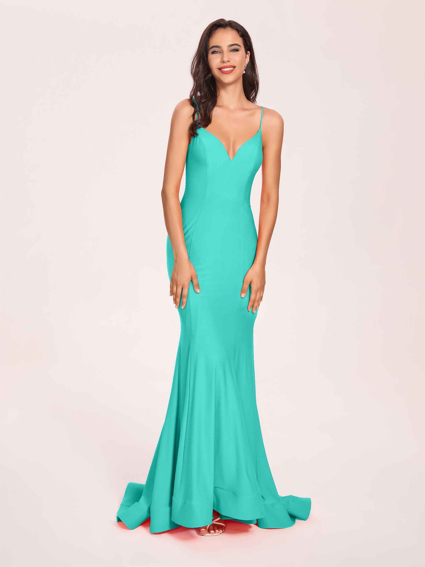 Sexy Satin Mermaid Prom Dresses Spaghetti Straps V-neck Floor Length Lace-up Back