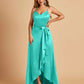 Satin Asymmetric V-neck Bridesmaid Dresses Sleeveless Side Slit A-line Unique For Sale