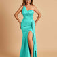 Satin One Shoulder Mermaid Bridesmaid Dresses Side Slit Floor Length