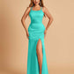 Satin Mermaid Long Bridesmaid Dresses Spaghetti Straps Scoop Side Slit Criss-cross Back