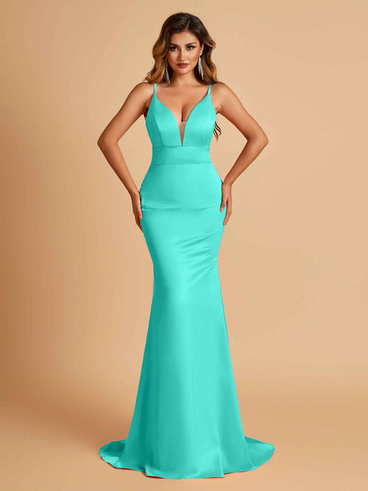 Satin Deep V-neck Mermaid Bridesmaid Dresses Open Back Floor Length