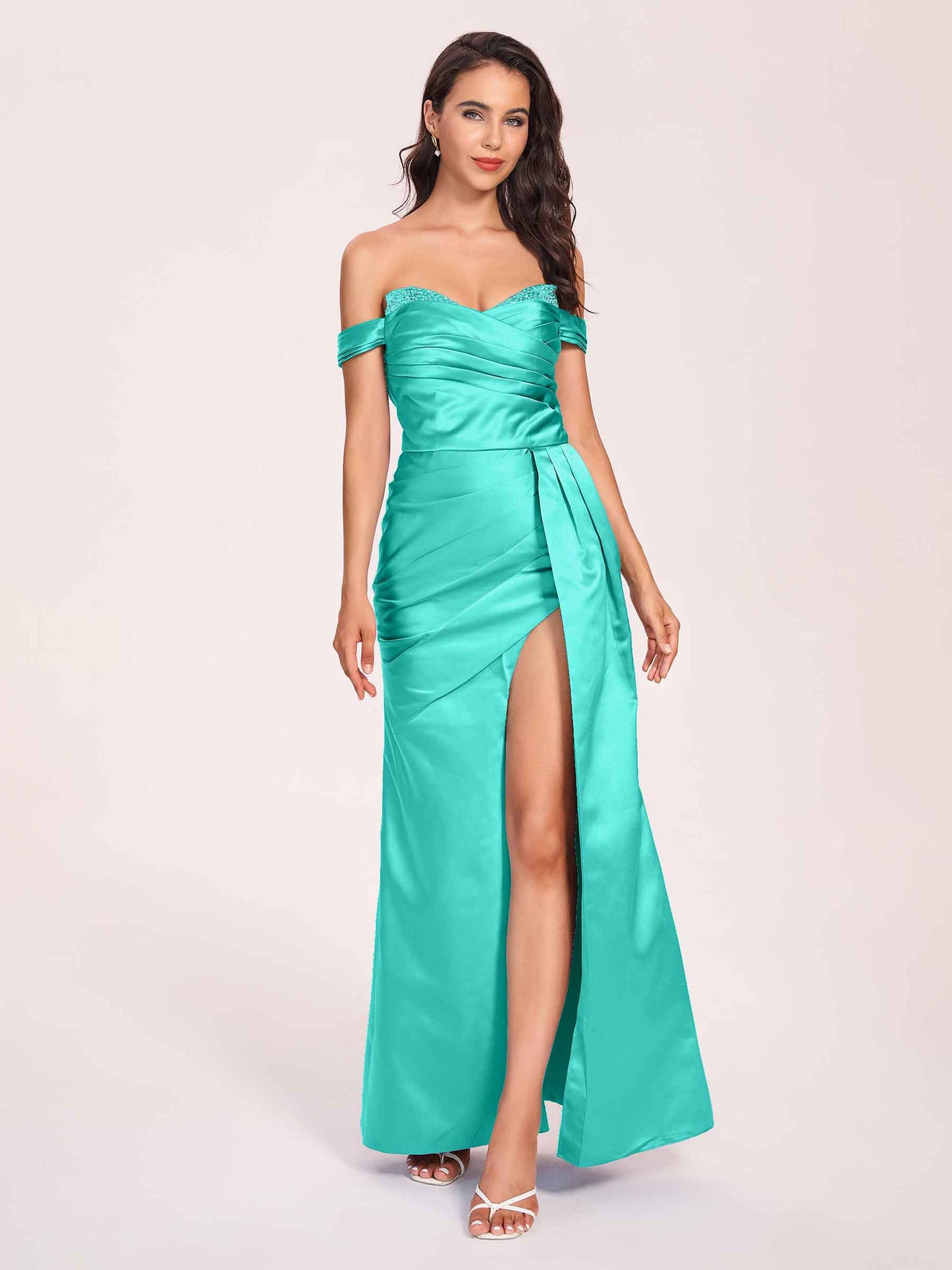 Elegant Satin Off Shoulder Bridesmaid Dresses Side-slit Sweetheart Floor Length Sheath