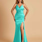 Sexy Satin Mermaid Long Prom Dresses Spaghetti Straps Sweetheart Side Slit Criss-cross Back