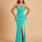 Sexy Satin Mermaid Bridesmaid Dresses Spaghetti Straps V-neck Side Slit Floor Length