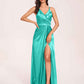 Sexy Satin A-line Prom Dresses Spaghetti Straps Side Slit V-neck Floor Length