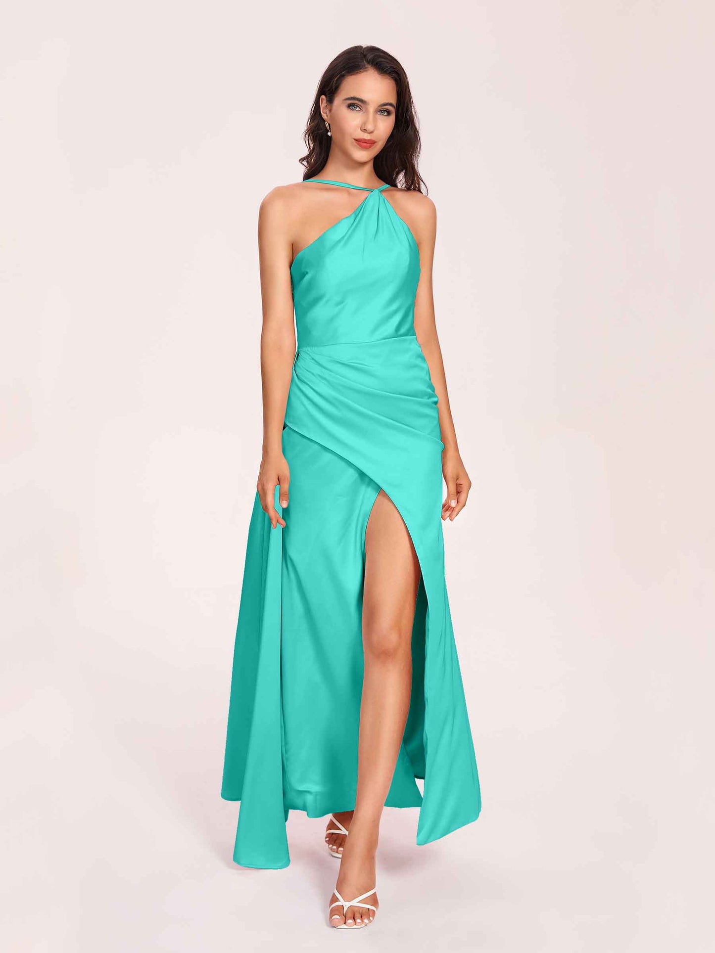 Sexy Satin Halter Strap Sheath Bridesmaid Dresses Side Slit Pleats Floor Length