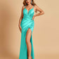 Sexy Satin Spaghetti Straps Prom Dresses V-neck Side Slit Pleats Floor Length Sheath