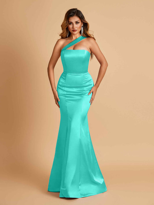 Sexy Satin Mermaid Bridesmaid Dresses One Shoulder Floor Length