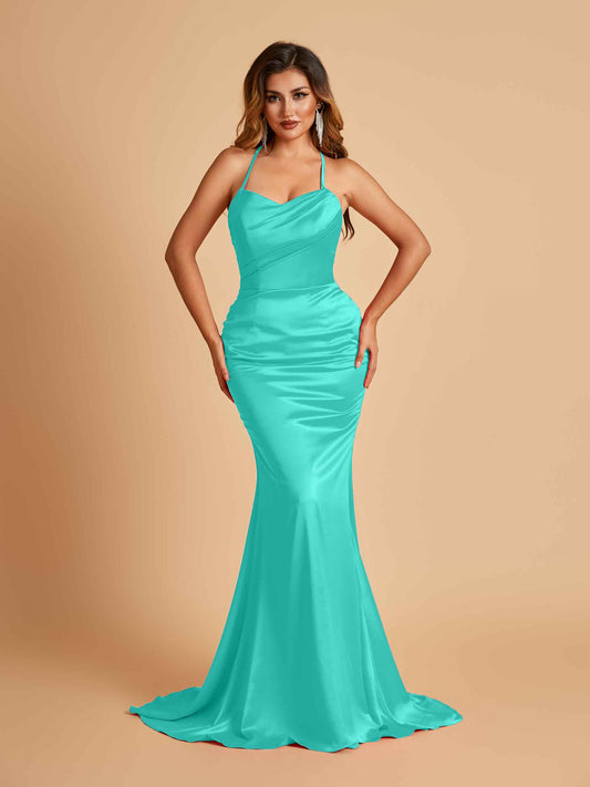 Sexy Satin Mermaid Bridesmaid Dresses Spaghetti Straps Scoop Criss-cross Back