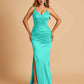 Satin Mermaid Long Bridesmaid Dresses Spaghetti Straps V-neck Side Slit Floor Length