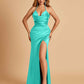 Sexy Satin Halter Straps Sheath Prom Dresses Side Slit Pleats Floor Length
