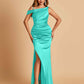Unique Satin One Shoulder Prom Dresses Side Slit Half Open Back Floor Length
