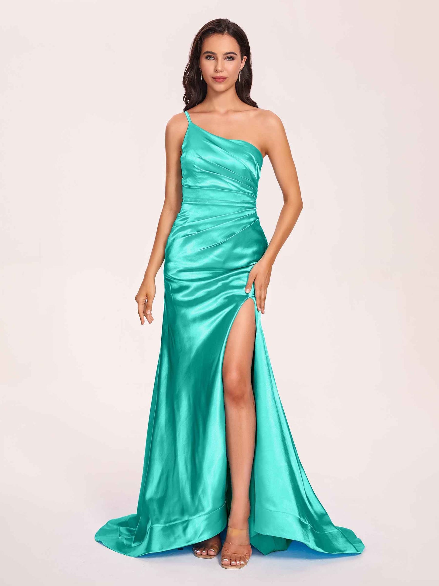 Satin One-shoulder Mermaid Prom Dresses Side Slit Pleats Floor Length