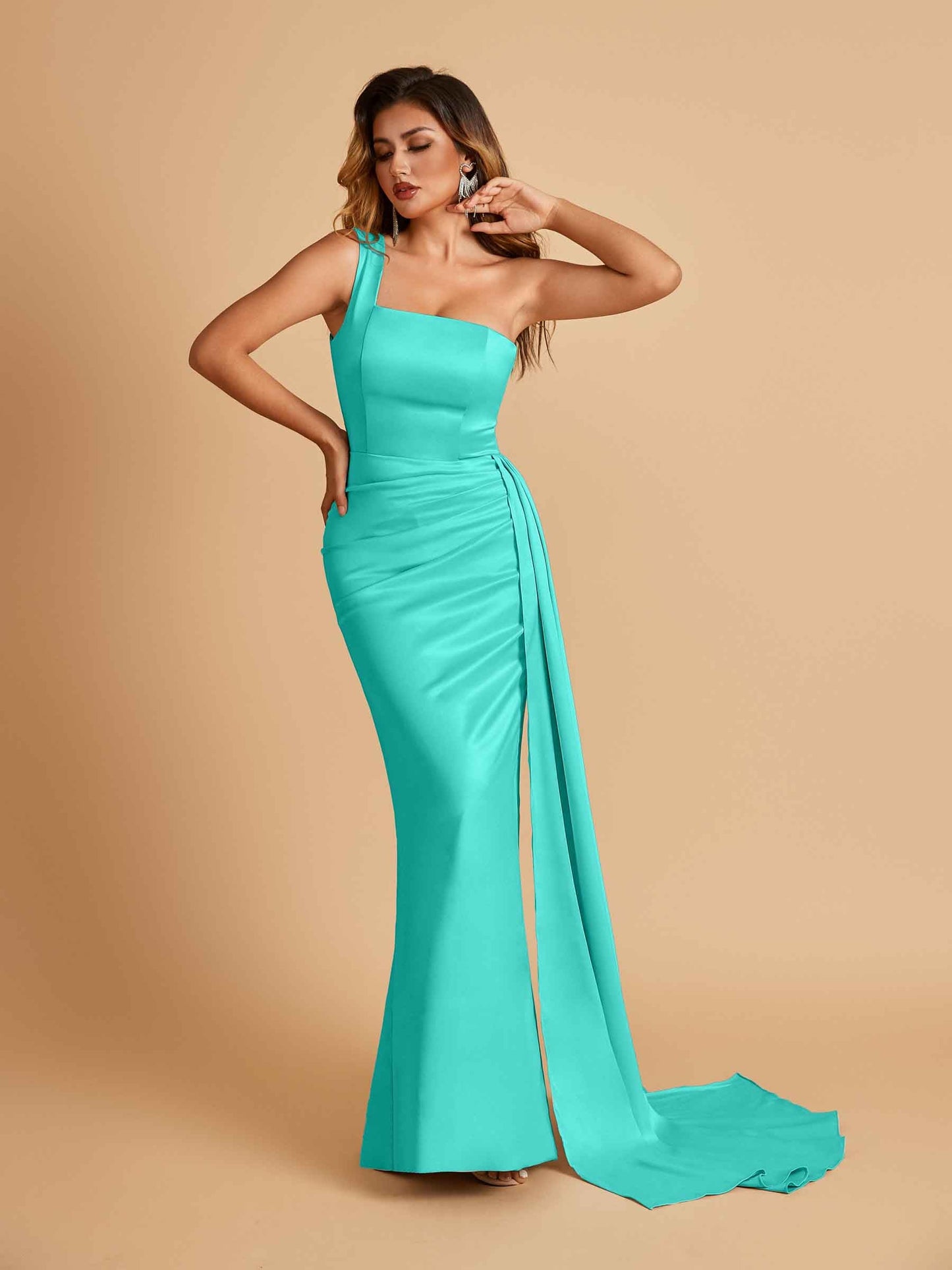 Sexy Satin One Shoulder Mermaid Prom Dresses Pleats Floor Length