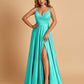 Satin A-line Long Prom Dresses Spaghetti Straps V-neck Side Slit Floor Length