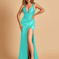 Sexy Sweetheart Sheath Prom Dresses Spaghetti Straps Satin Side Slit Pleats Floor Length