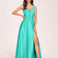 Satin V-neck A-line Prom Dresses Side slit Floor Length