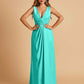 Sexy Satin Deep V-neck Long Bridesmaid Dresses A-line Pleats Sleeveless Floor Length