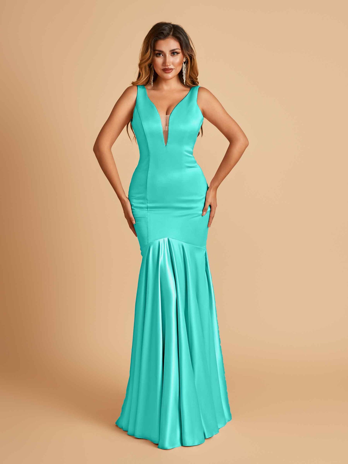 Satin Deep V-neck Mermaid Bridesmaid Dresses Half Open Back Floor Length