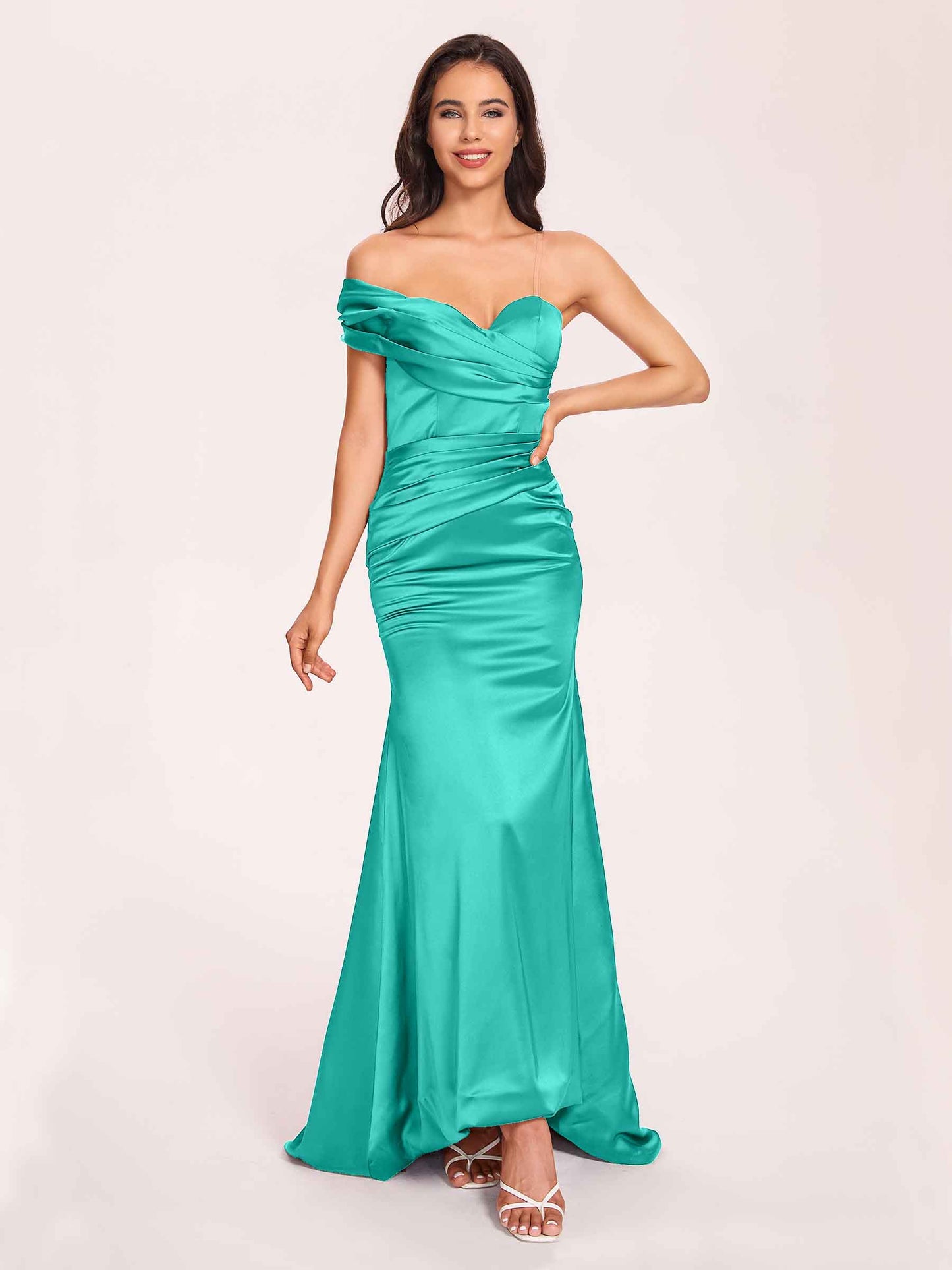 Satin One-shoulder Bridesmaid Dresses Pleats Floor Length Mermaid Long