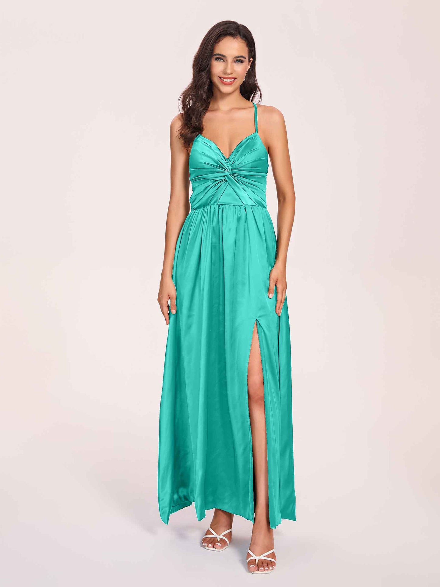 Satin Spaghetti Straps A-line Bridesmaid Dresses Side Slit Floor Length