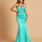 Satin Mermaid V-neck Prom Dresses Spaghetti Straps Floor Length