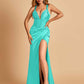 Sexy Sweetheart Sheath Bridesmaid Dresses Spaghetti Straps Satin Side Slit Pleats Floor Length