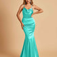 Satin Mermaid Open Back Prom Dresses Spaghetti Straps Scoop Floor Length