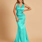 Sexy Satin Criss-cross Back Prom Dresses Mermaid Deep V-neck Back Pleats Floor Length